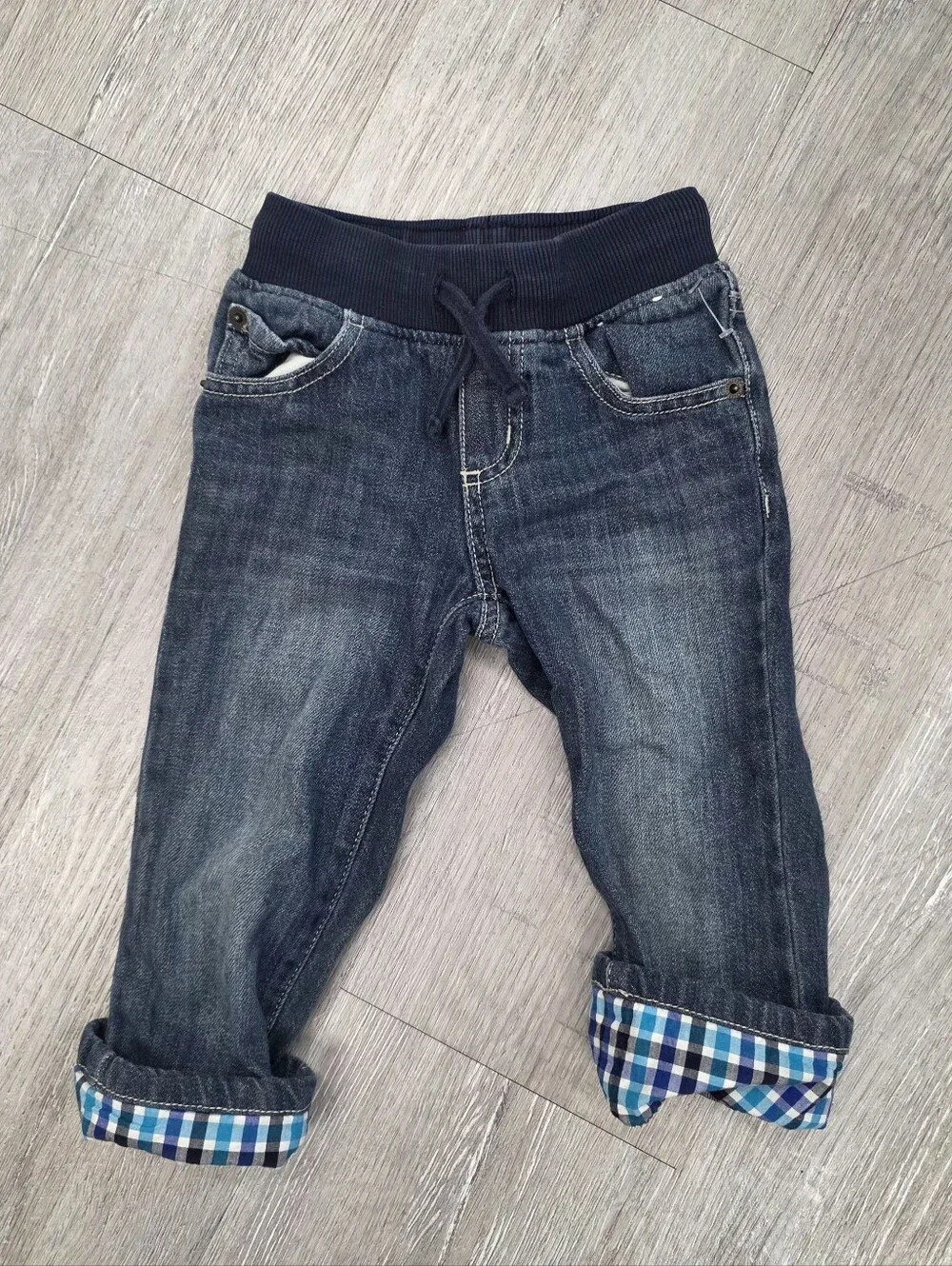 GYMBOREE Kids Dark Blue Denim Jogger Pants with Plaid Cuffs PERFECT SHAPE